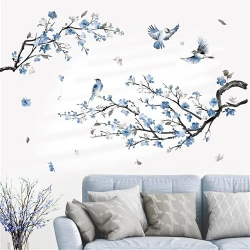 Blue Flower Wall Decals Watercolor Tree Branch Floral Stickers Bedroom Living